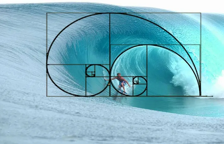 Golden ratio spiral overlaid on a breaking ocean wave